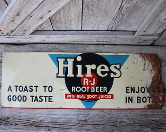 Mid Century Original Hires R-J Root Beer Soda Metal Advertising Sign