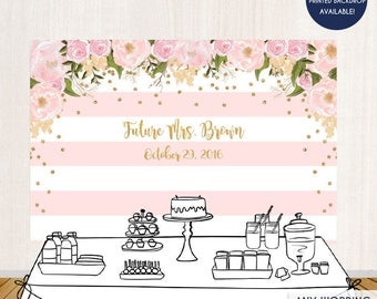 Floral Bridal Shower Backdrop Gold And Pink Dessert Table Banner Any Event Watercolor Flowers Garden Printed Or Printable File BBR0001