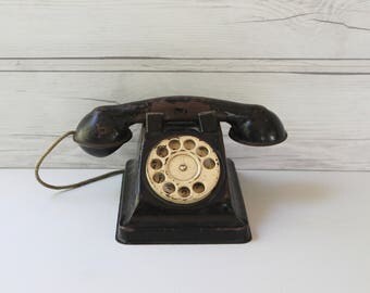 Vintage Black Metal Child's Toy Telephone, Vintage Rotary Dial Children's Toy Telephone