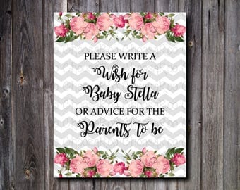ROSE Baby Shower - "Wishes and Advice" - Pink & Grey Chevron Sign - Personalized! Easy to Print!