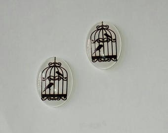 X 1 oval Cabochon glass bird couple