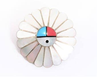 Vintage Sterling Zuni Sun Face Mother of Pearl Inlay Brooch Pendant Option