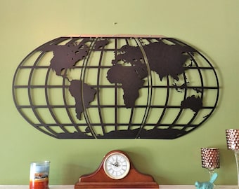 World Map Wall Art / Globe/ Metal Wall Art/Personalized in Over 100 Color Choices / Office Decor/ Library Decor/ World Traveler/ Home Decor