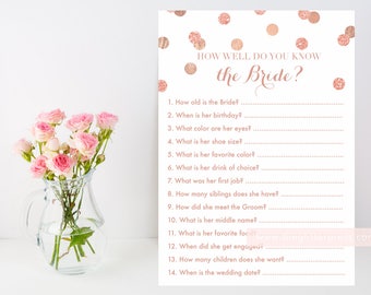 Rose Gold glitter confetti How well do you know the bride? printable game, bride game, blush and gold bridal shower, INSTANT DOWNLOAD 005