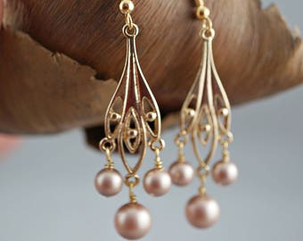 Bridesmaid Chandelier Earrings Swarovski Champagne Pearls Gold Earrings Bridal Party Gift Wedding Bridesmaid Chandelier Earrings Swarovski Champagne Pearls Gold Earrings Bridal Party Gift Wedding