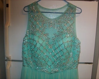 Vintage Women's Clothing, Dress Evening Gown, Floor Length, Beaded Sheer Top, Label Glow, Size 16, Turquoise, WAS 80.00 - 40% = 48.00