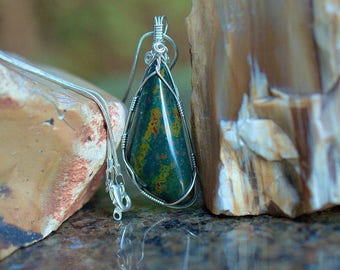 Natural Blood stone free form pendant silver wire wrapped with silver plated necklace