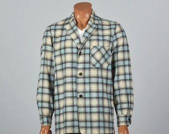 SALE Medium Mens 1950s Wool Jacket 50s Casual Jacket Plaid Shirt Lapels Rockabilly Jacket Leisure Wool Shirt Jacket Vintage Man Lightweight
