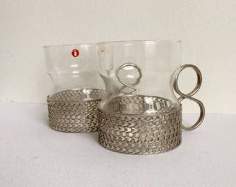 Iittala Finland Tsaikka Tea Glasses, Silver Metal Holders, Timo Sarpaneva 1957 Finland