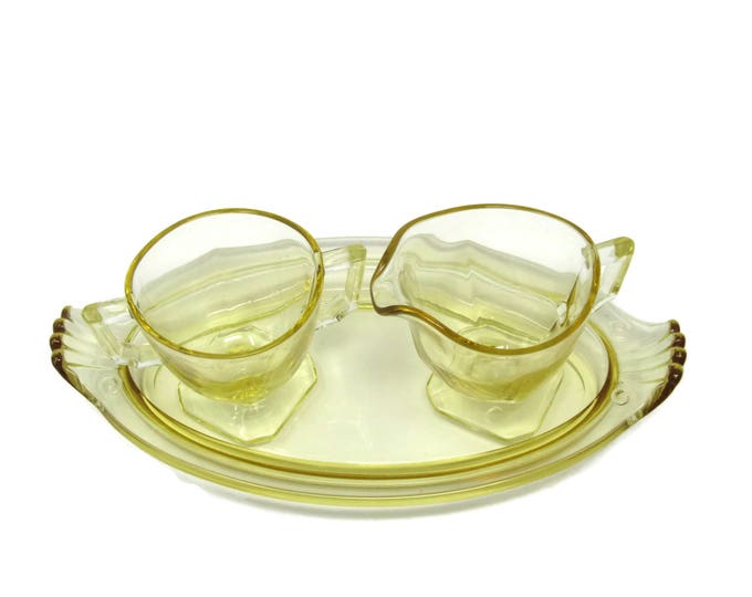 Yellow Depression Glass Cream and Sugar With Tray - Yellow Depression Glass Serving - Rare Depression Glass Boat Shaped Tray