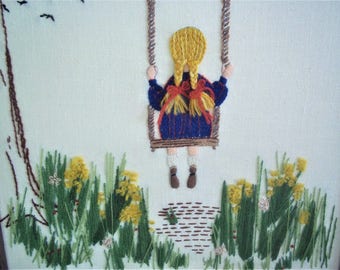 1973 Embroidery of a Pig-tailed Girl on a Swing