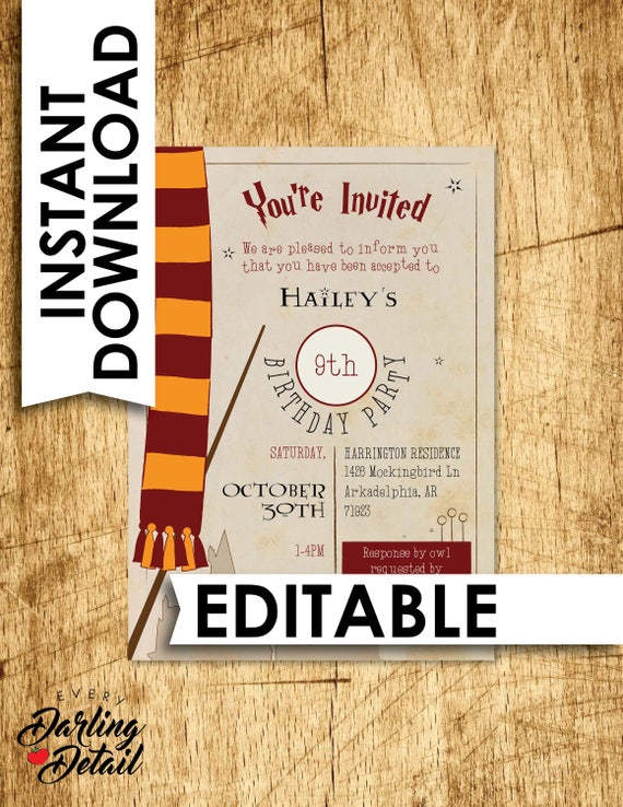 Harry Potter Birthday Invitation Instant Download Invite