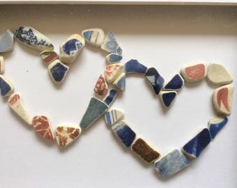 Love heart picture, Scottish sea pottery art, beach pottery anniversary, double heart sea glass gift, wedding gift