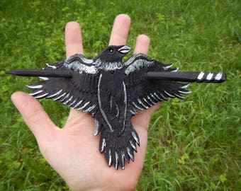Leather hair pin Flying raven, black leather hair pin, leather barrette, leather stick hair, leather raven stick, bird hair stick