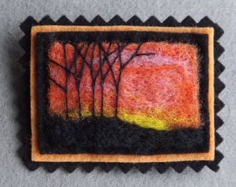 Fall/Winter Sunset Hand Felted Brooch Landscape in Wool Wearable Art