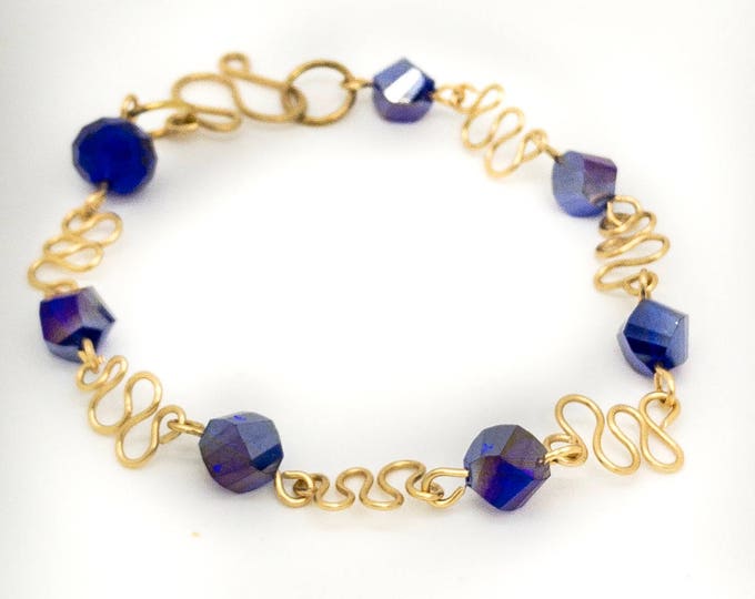 Gold and Blue Crystal Bracelet, Gold hammer wire and blue crystals bracelet, Blue bracelet, gold bracelet