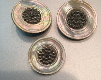 Vintage Pearl Buttons Two 1" and one 7/8"; Metal Embellishment