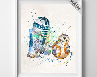 Star Wars Print, BB8 Art, R2D2 Poster, Star Wars Poster, BB8 Poster, R2D2 Print, Watercolor Art, BB8 Print, Baby Shower Gift, Dorm Art