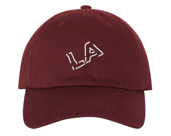 LA SLANT Dad Hat, Embroidered West Coast Los Angeles, Low Profile "LA" Slanted Baseball Cap Hat, Burgundy