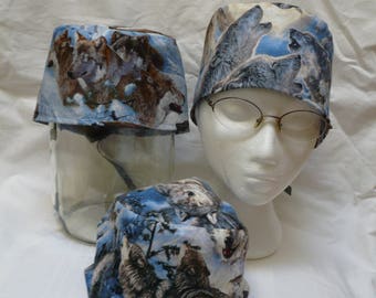 Wolves snow moon n eagles, or wolves on ice & mountains print traditional tie back scrub cap, 100% cotton, for Veterinarians, vet techs