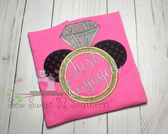 Just engaged Mickey Mouse ring shirt, Disney engagement shirt, Embroidered Diamond mickey ring shirt, Disney world engagement.