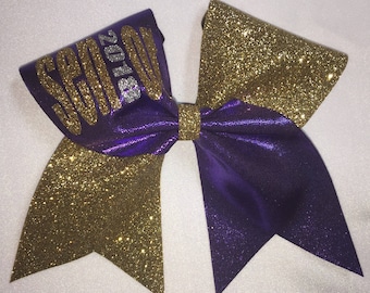 Gold glitter and purple senior 2018 cheer bow