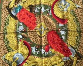 Hermes Casques et Plumets 100% silk scarf vintage USED in box orange border 1989