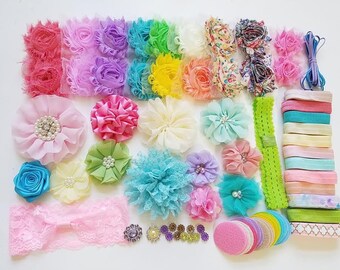 Baby Shower Headband Kit - Summer Theme - Baby Headbands Kit - Grab Bag - Shabby Flowers - DIY - 30 Headbands - HK029