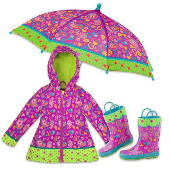 3 Pieces Set Stephen Joseph Paisley Rain Gear, Umbrella, Rain Coat and Rain Boots.