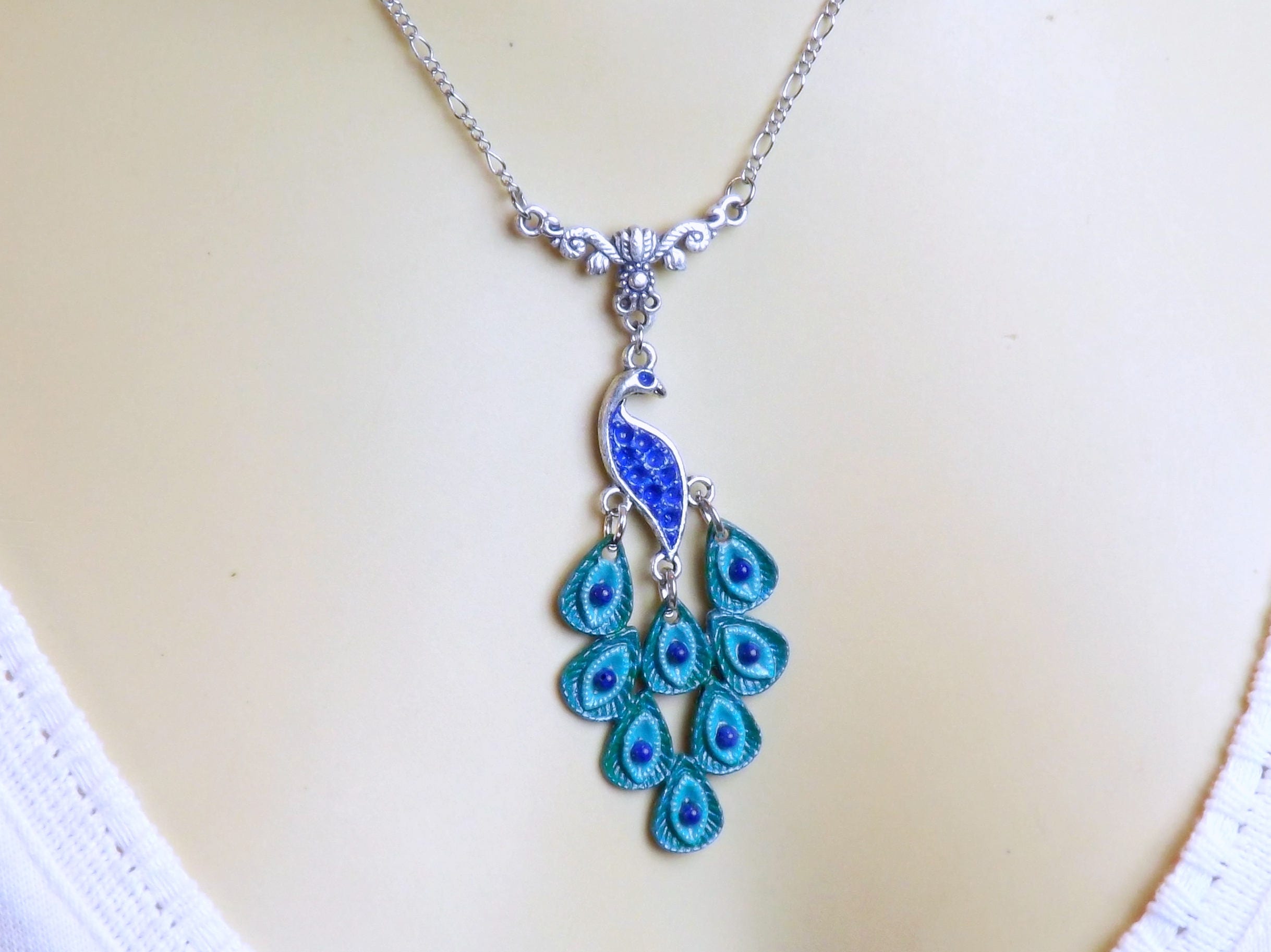 Blue Peacock Necklace Peacock Pendant Hand Painted Blue