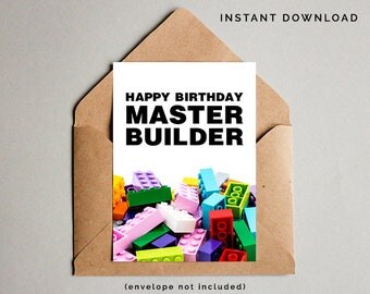 Lego Birthday Card, Boys Birthday Card, Lego Card, Master Builder, Lego Printable Card, Lego Party Birthday Card, Instant Download