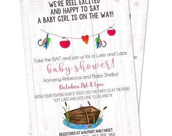 Lures and Lace Baby Shower or Birthday theme Invitation - Girl Baby Shower - Fishing - Shiplap - Fishing Baby Shower Invitation
