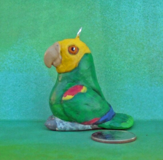 Hand-sculpted One-of-a Kind Sally Blanchard's Tongue-in-Beak Miniature Double yellow-headed Amazon Parrot Christmas Tree Ornament