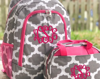 Backpack Lunch Box, Quatrefoil Backpack, Quatrefoil Lunch Box, Gray Backpack, Gray LunchBox, Pink Backpack, Monogram Backpack, Kid Backpack