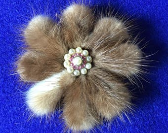 1950s Mink, Rhinestone and Faux Pearl Dramatic Floral Brooch