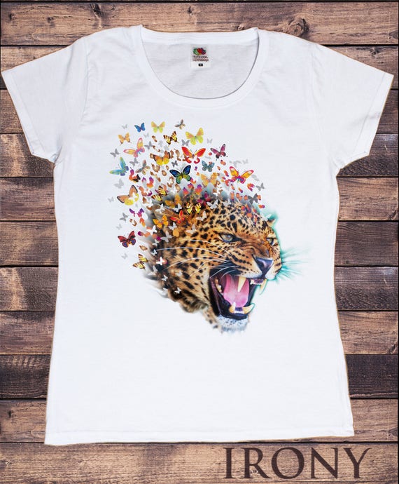 Women's White T-Shirt Leopard Colourful Butterfly