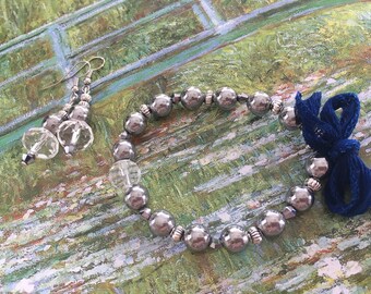 Silver Hematite and silk adornment