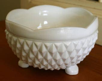 White Milk Glass Candy Dish / Bowl / Vessel with Legs - Measures ~ 5 x 3 inches.