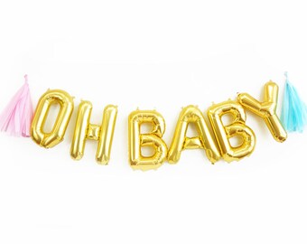 OH BABY balloons - gold mylar foil letter balloon banner kit for gender reaveal baby shower