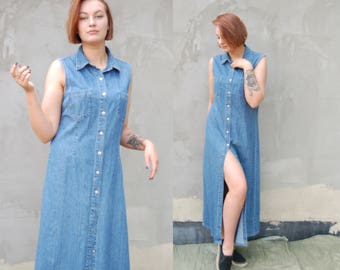 90s Vintage Maxi Button Down Denim Dress Blue Jean Grunge 90s Vintage Maxi Button Down Denim Dress Blue Jean Grunge