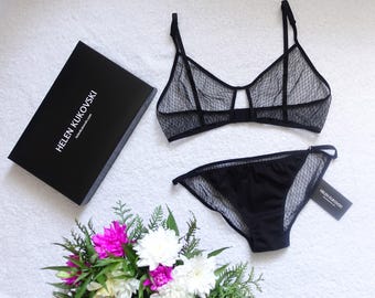 Sheer lingerie / black lace bralette / black sheer panties / lace bra