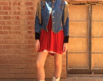 80s / 90s Denim Western Fringe Cuffed Beaded Military Jean Jacket / Utility Coat/ Size S Small