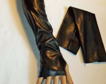 Long mittens black faux leather stretchy Sanlivine
