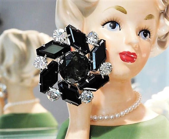 Mid Century Rhinestone Brooch Classic Hollywood Regency Jet Black Glass Crystal Chatons Christmas Winter Wedding 1960s Fashion Jewelry