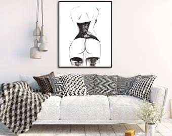 Erotic Print Black and White Art Female Nude Painting Printable Art Erotic Nudity Minimalist Drawing Wall Art Print Modern Printable Print