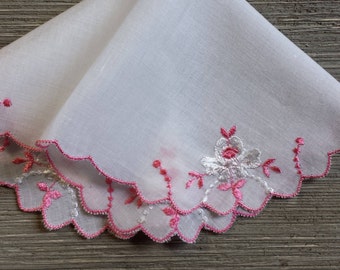 Vintage Emroidered Hankie, Pink Flowers, Small Hankerchief, Wedding, Bride, Flower Girl Hankie