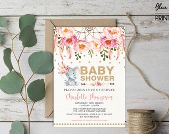 Boho Elephant Baby Shower Invitation. Pink and Gold Floral Dreamcatcher Little Peanut Invite. Girly Tribal Pow Wow Party. FLO12AE