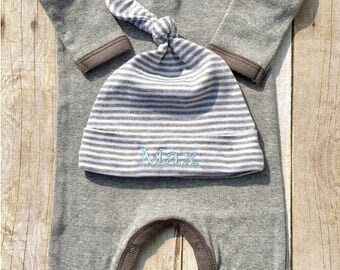 Baby boy bring home outfit, organic baby clothes, monogrammed baby boy, infant sleeper, baby shower gift boy, gray and blue