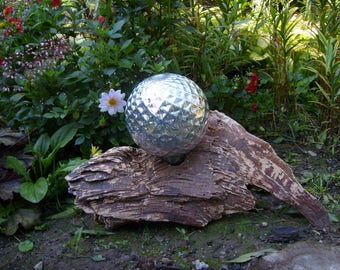 Silver Gazing Ball on Reclaimed Wood