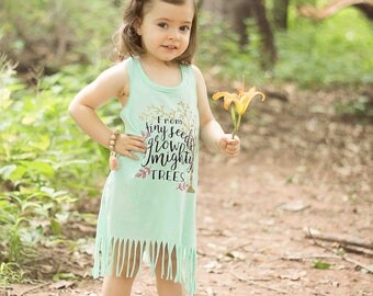 Girls Summer Dress, Summer Outdoor, Boho Baby, tank top dress, fringe dress, baby girl dress, mint fringe dress, tiny seeds mighty trees